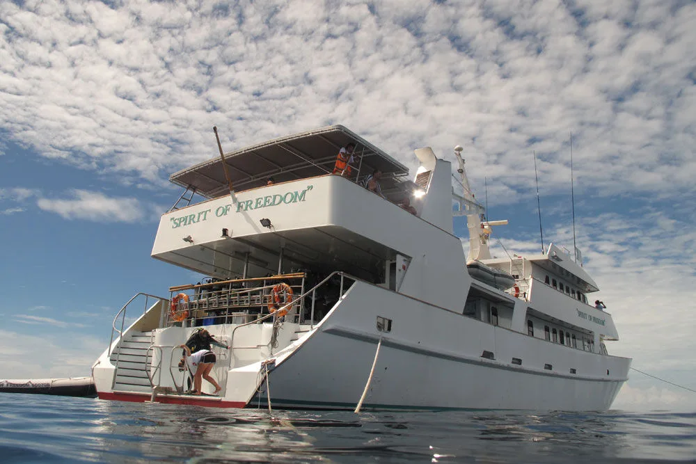 The stern of Spirit of Freedom, name on the hull, mirror-flat water