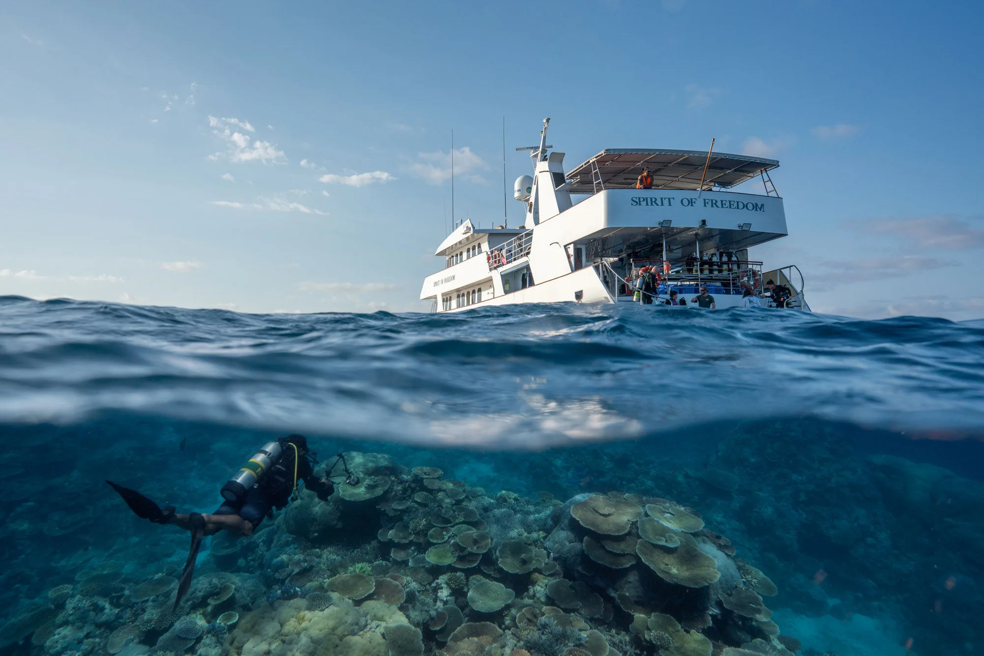 A diver below and the vessel on the surface above the reef