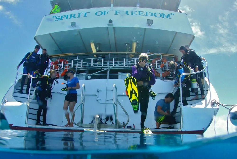 Guests on the dive platform beneath the Spirit of Freedom name board