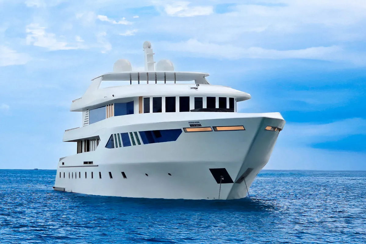 Spirit of Maldives seen from the bow — three-deck superstructure
