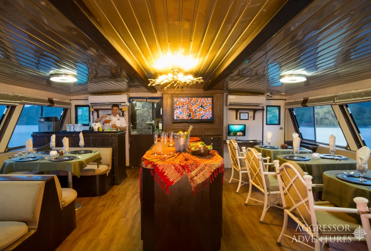 Restaurant of Thailand Aggressor with the buffet laid out
