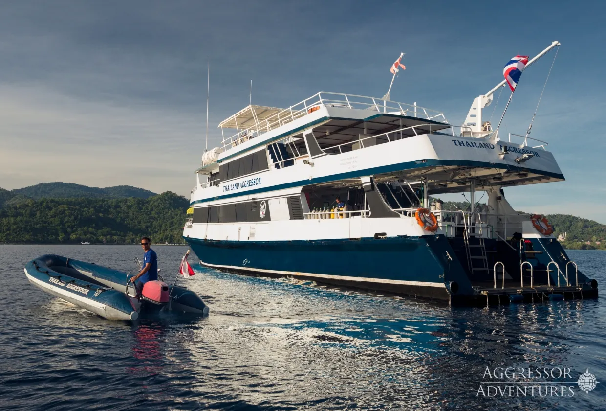 Stern platform of Thailand Aggressor with an inflatable alongside
