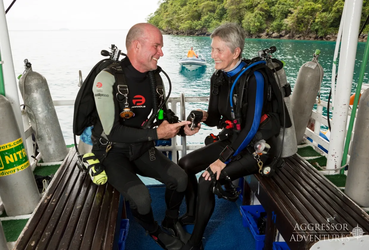 Divers on the dive deck of Thailand Aggressor before a dive
