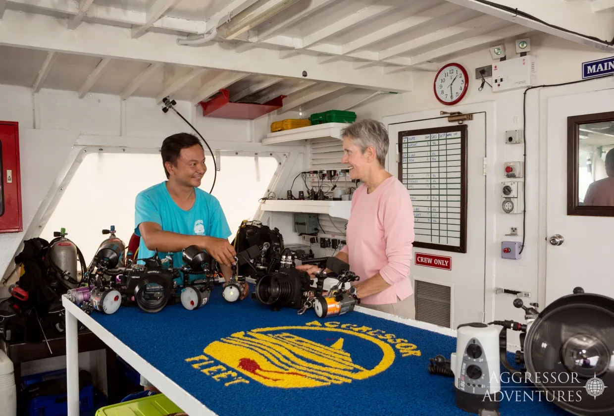 Camera room of Thailand Aggressor with underwater housings
