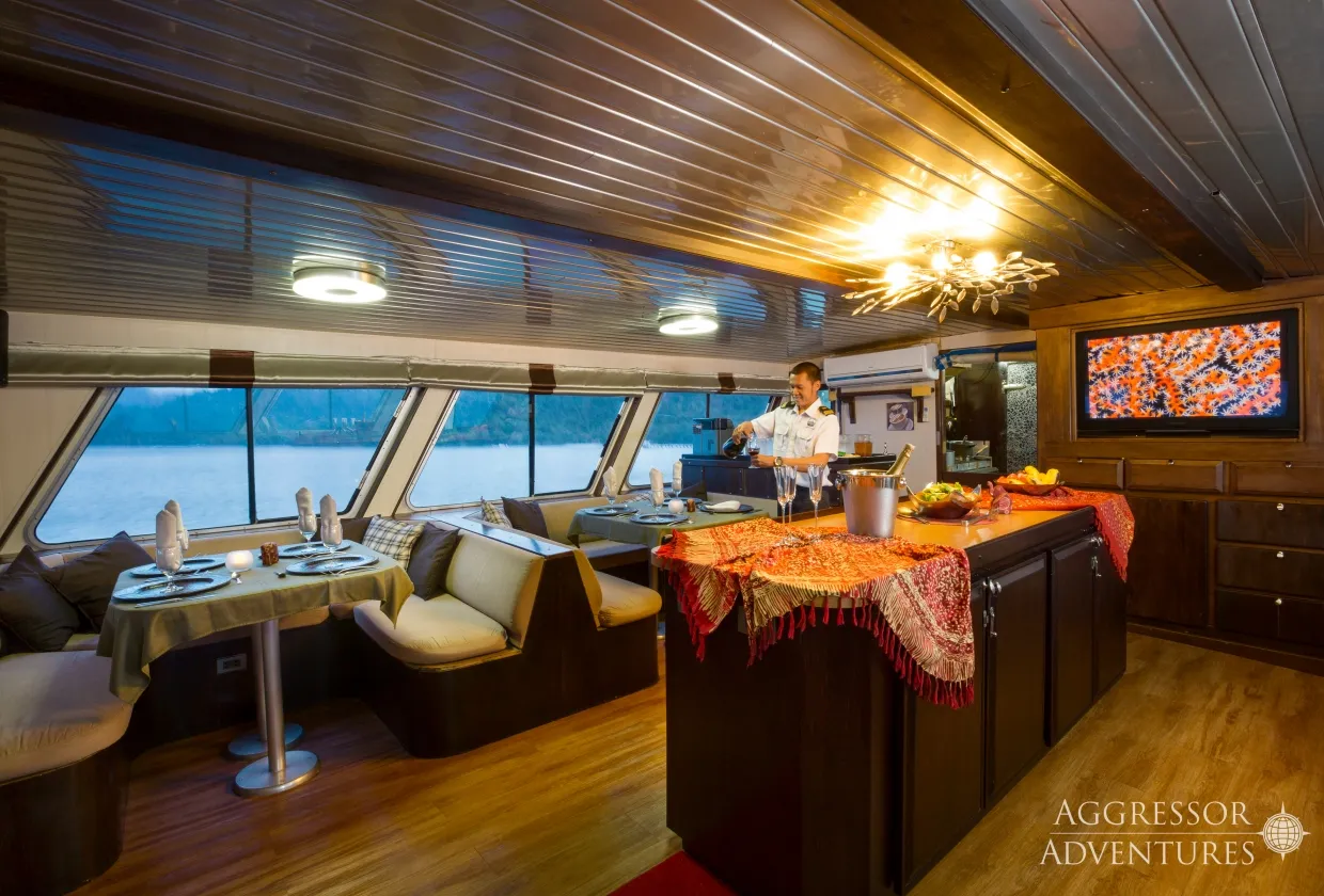Dining room of Thailand Aggressor with picture windows