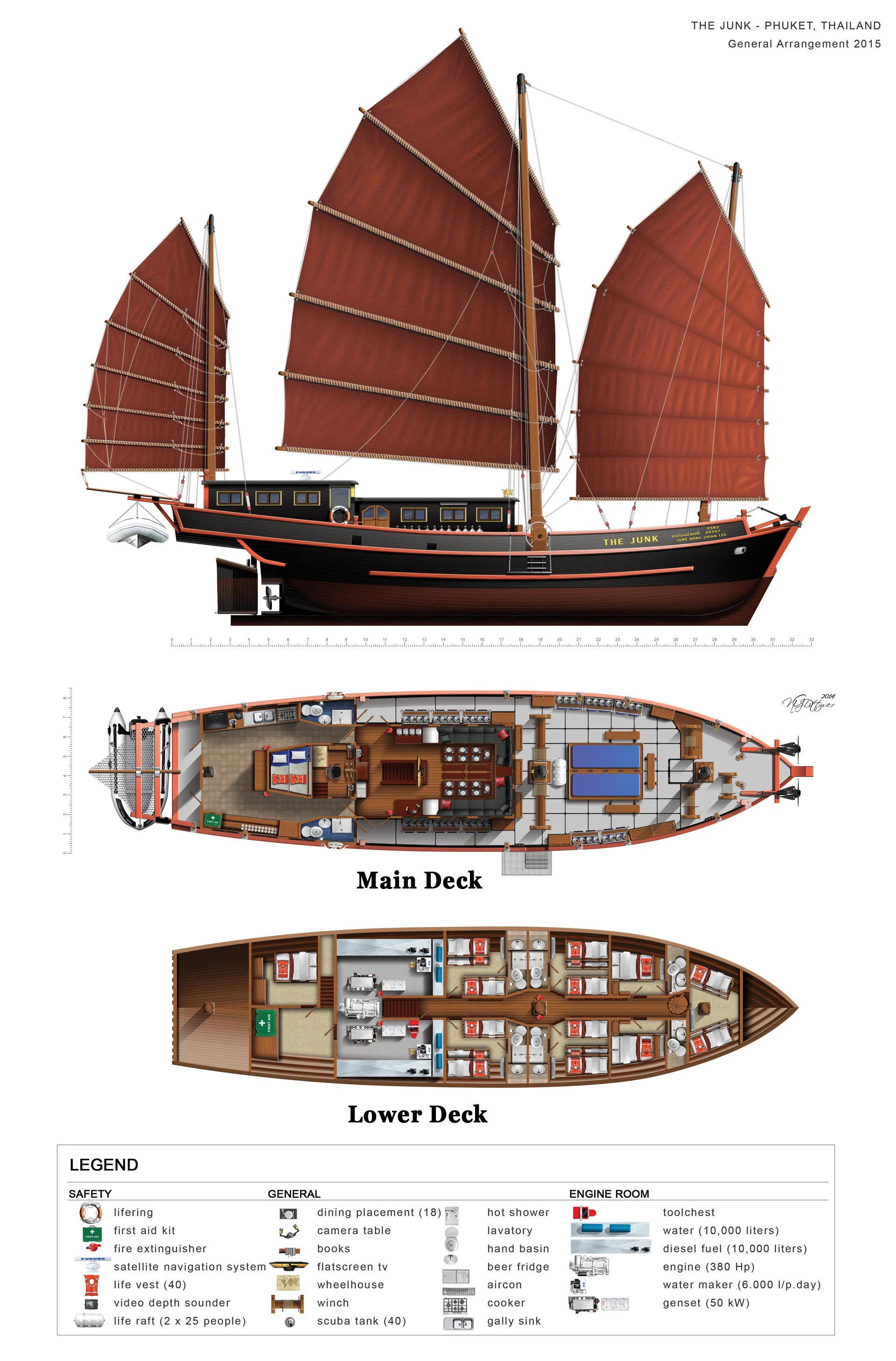 Схема палуб The Junk — главная и нижняя палуба, расположение кают и салона