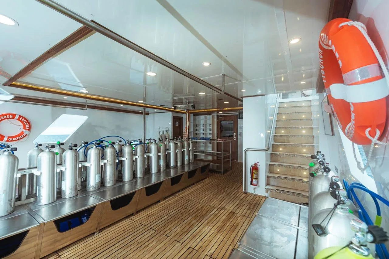 Individual gear stations on the Tiburon Explorer dive deck