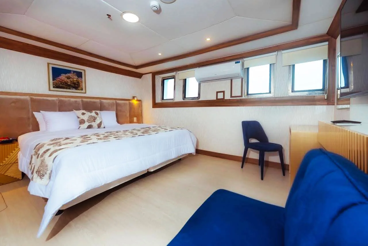 Queen bed in a lower deck cabin aboard Tiburon Explorer