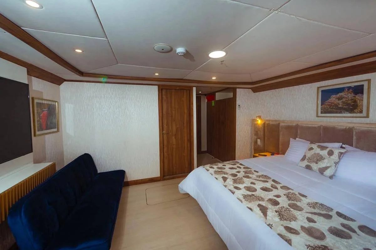 TV and sofa in a Tiburon Explorer lower deck cabin