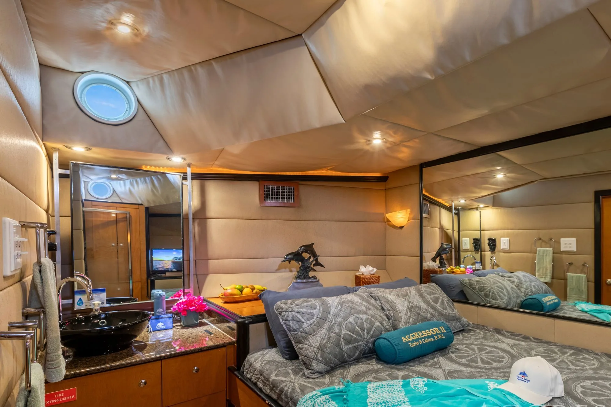 Master stateroom vanity, sink and porthole on Turks and Caicos Aggressor II