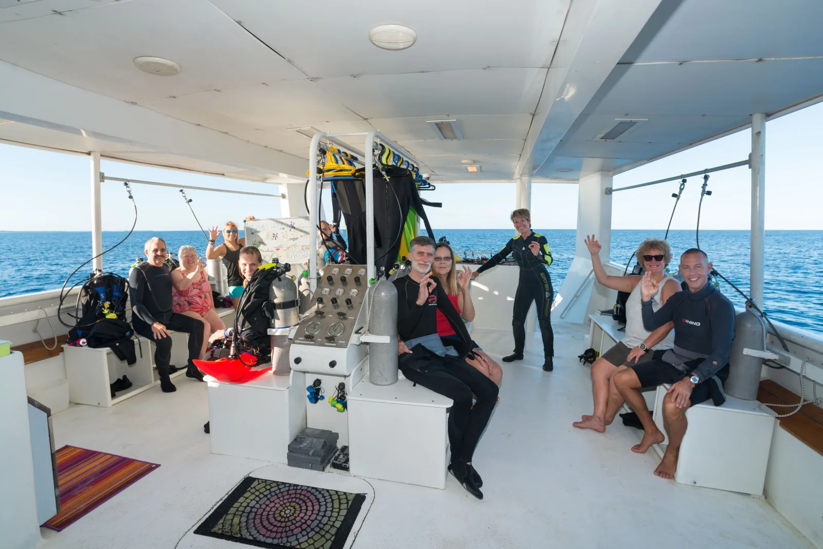 Dive deck of Turks & Caicos Explorer II with individual kitting-up stations