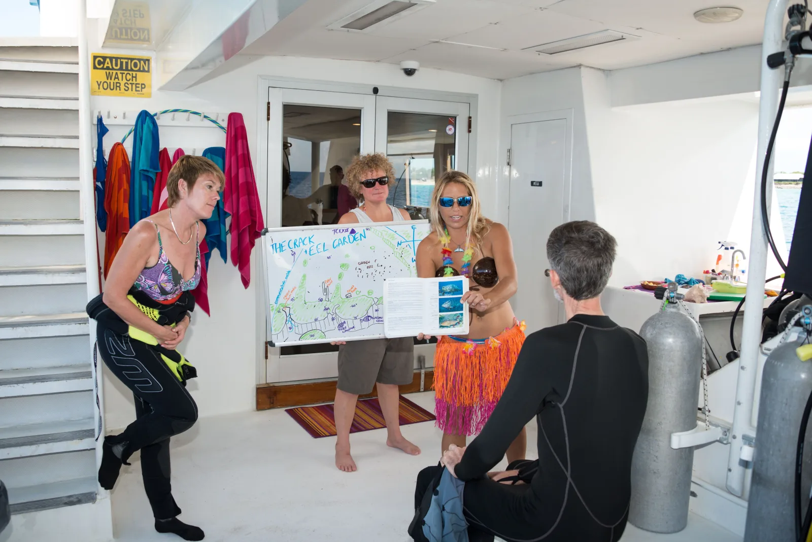 Dive briefing on the dive deck of Turks & Caicos Explorer II