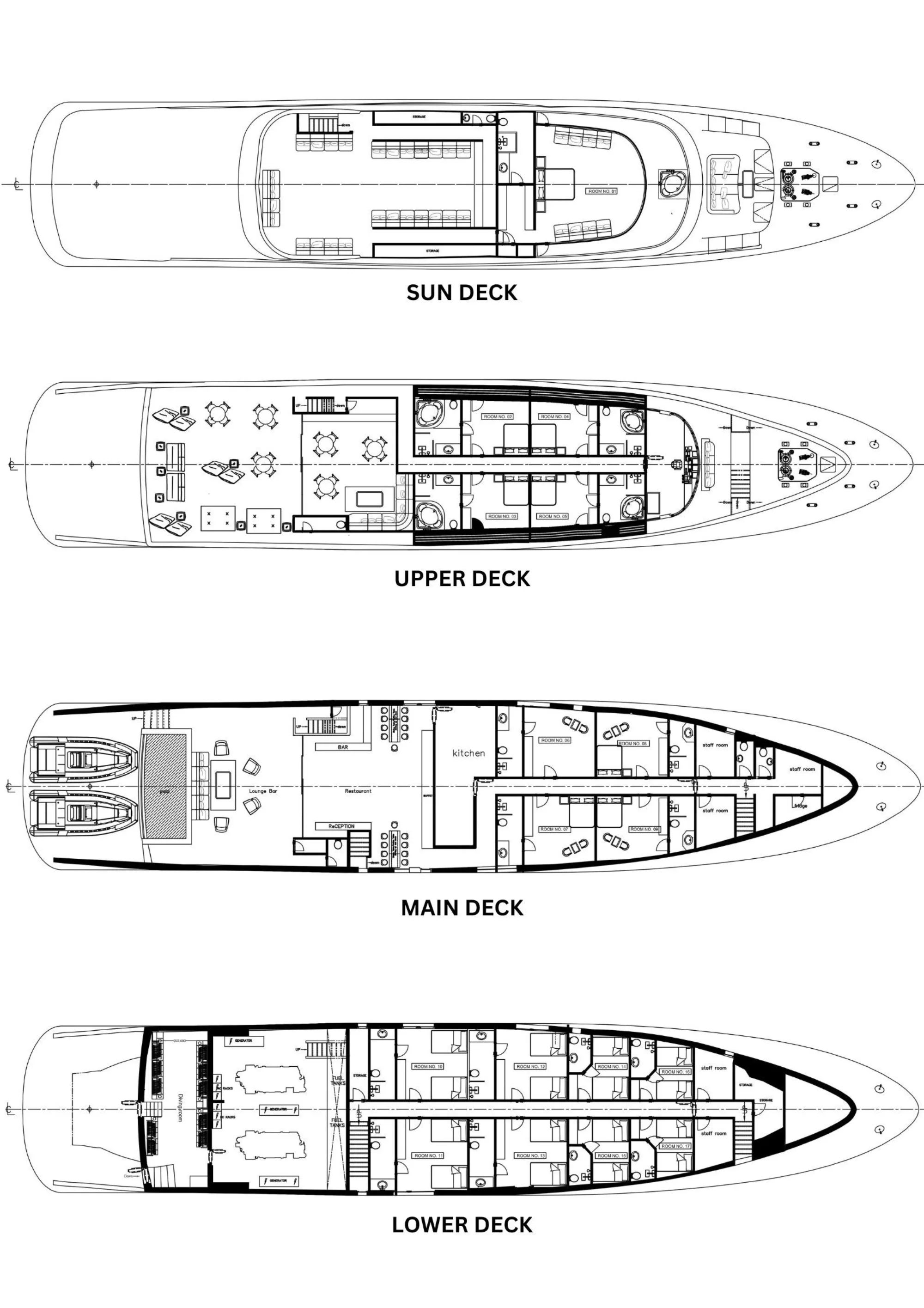 Схема палуб Yachtiano — солнечная, верхняя, главная и нижняя палубы с расстановкой кают