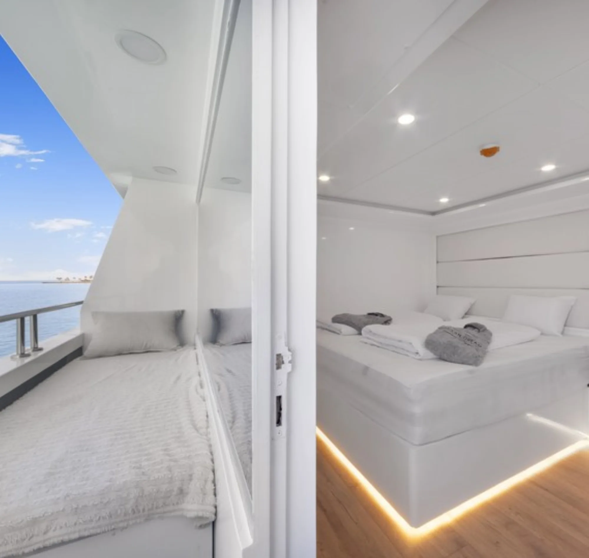 Сюит C на Yachtiano — кровать king size и открытая дверь на собственный балкон с матрасом
