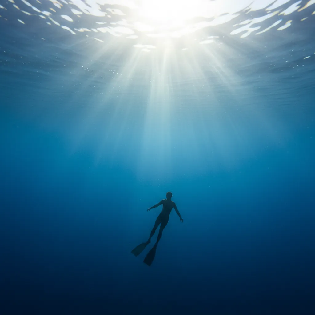 Фридайвер под водой в лучах солнца