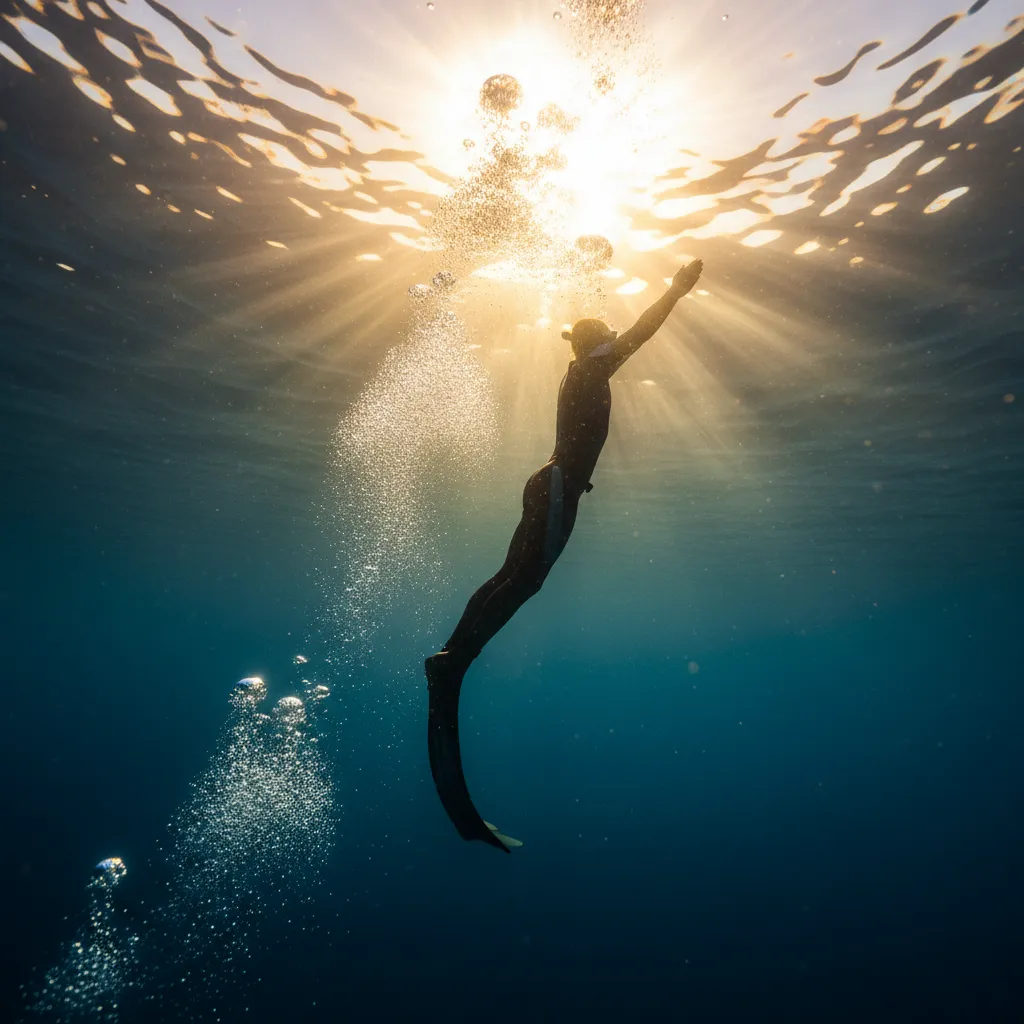 Дайвер поднимается к поверхности на фоне солнечного света
