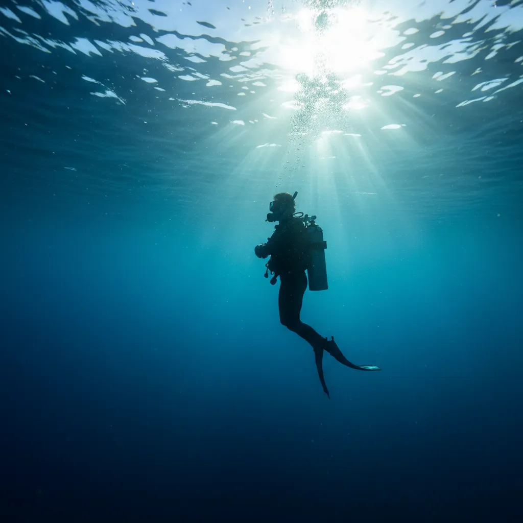 Дайвер на остановке безопасности, лучи солнца сверху