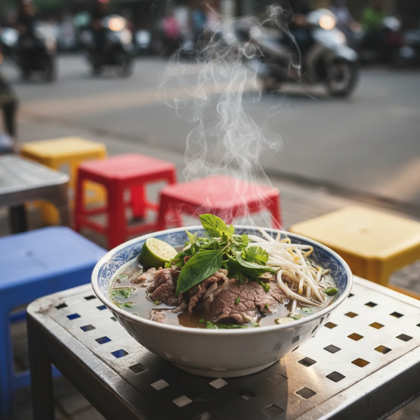 Фо бо — говяжий суп с рисовой лапшой и свежими травами на улице Ханоя