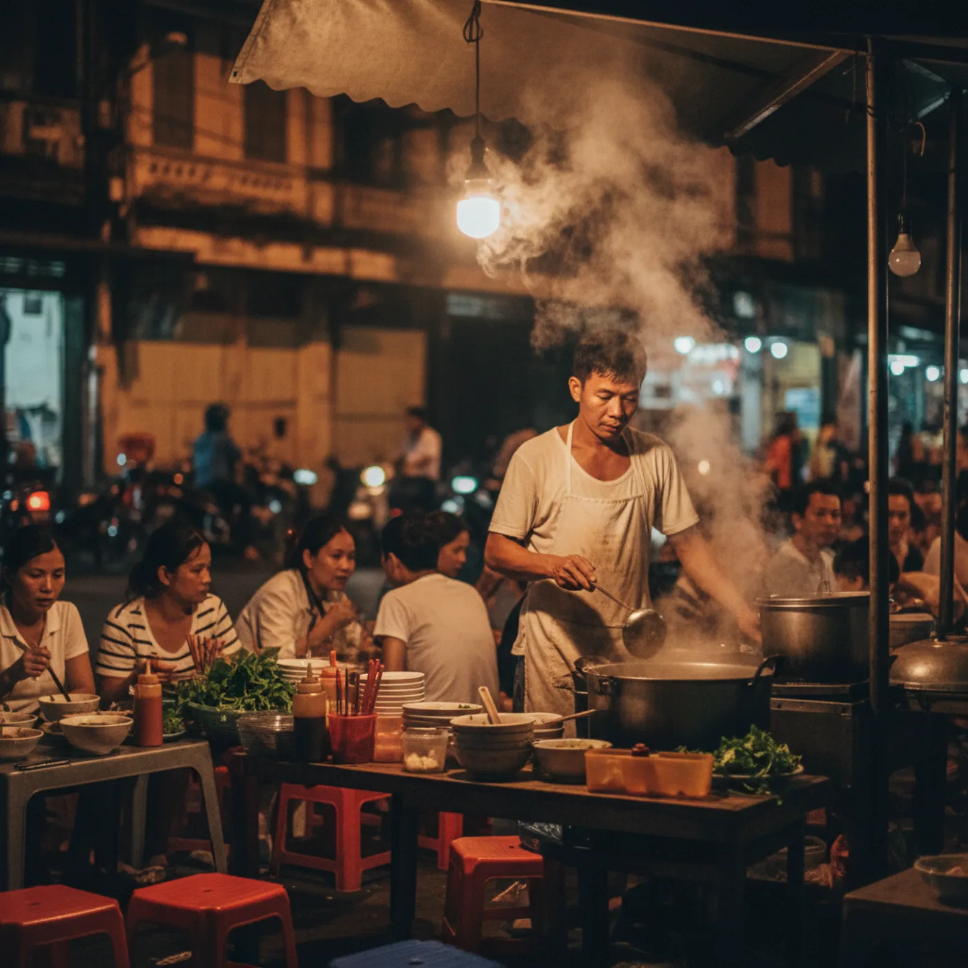 Вечерний стритфуд в Ханое — повар у кипящего котла