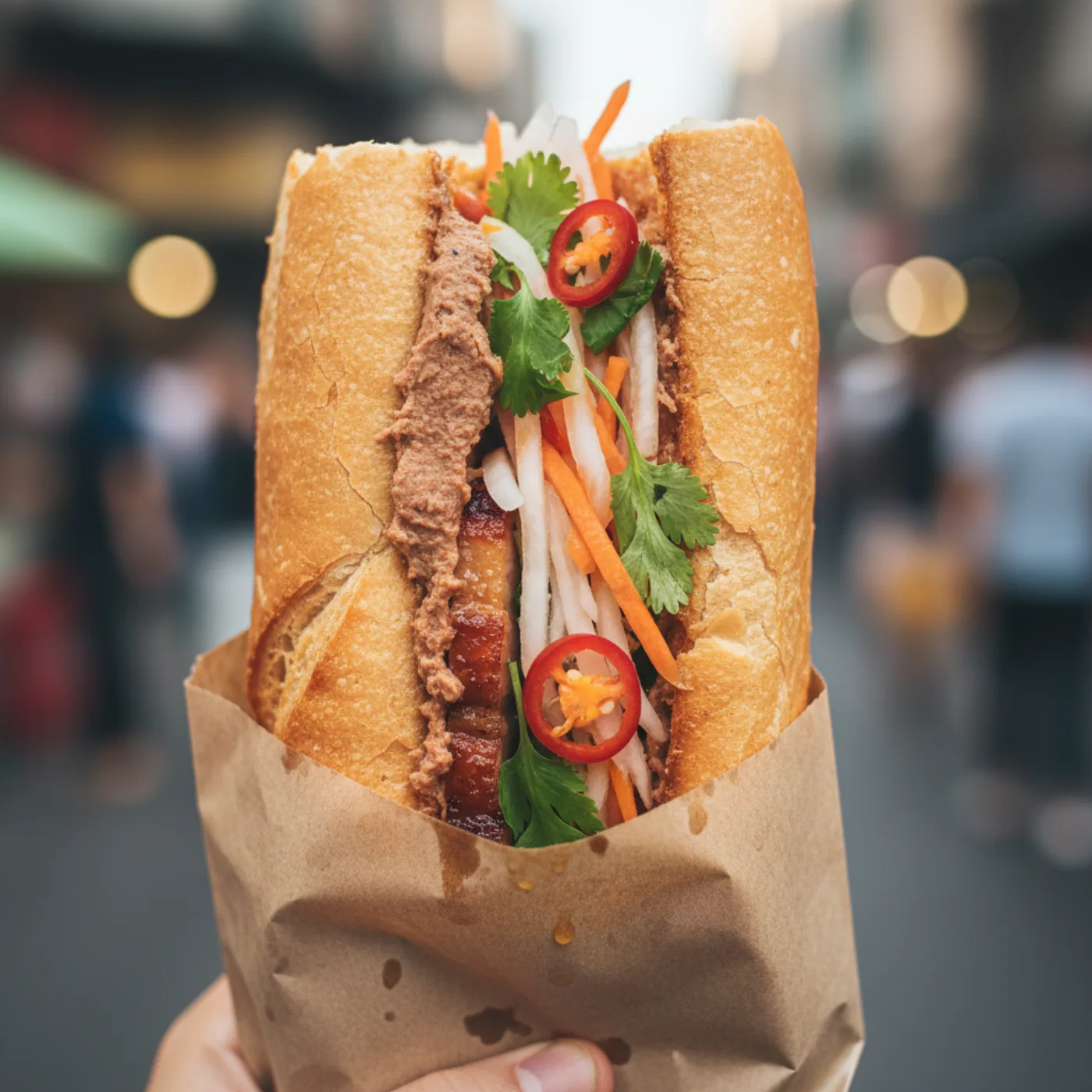 Банми — вьетнамский сэндвич с паштетом, овощами и зеленью