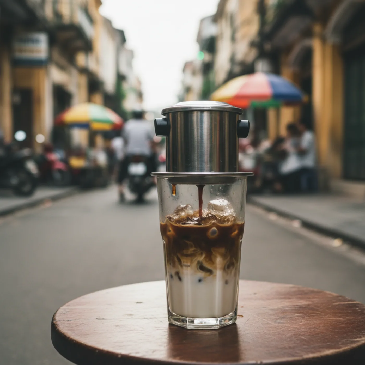 Вьетнамский кофе с фильтром на уличном столике