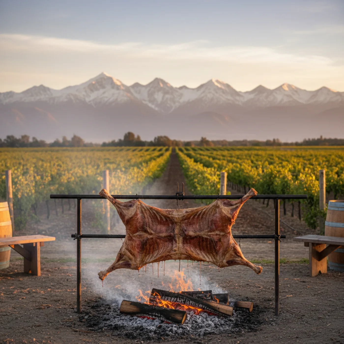 Целый ягнёнок на асадоре над открытым огнём — виноградники и Анды на закате