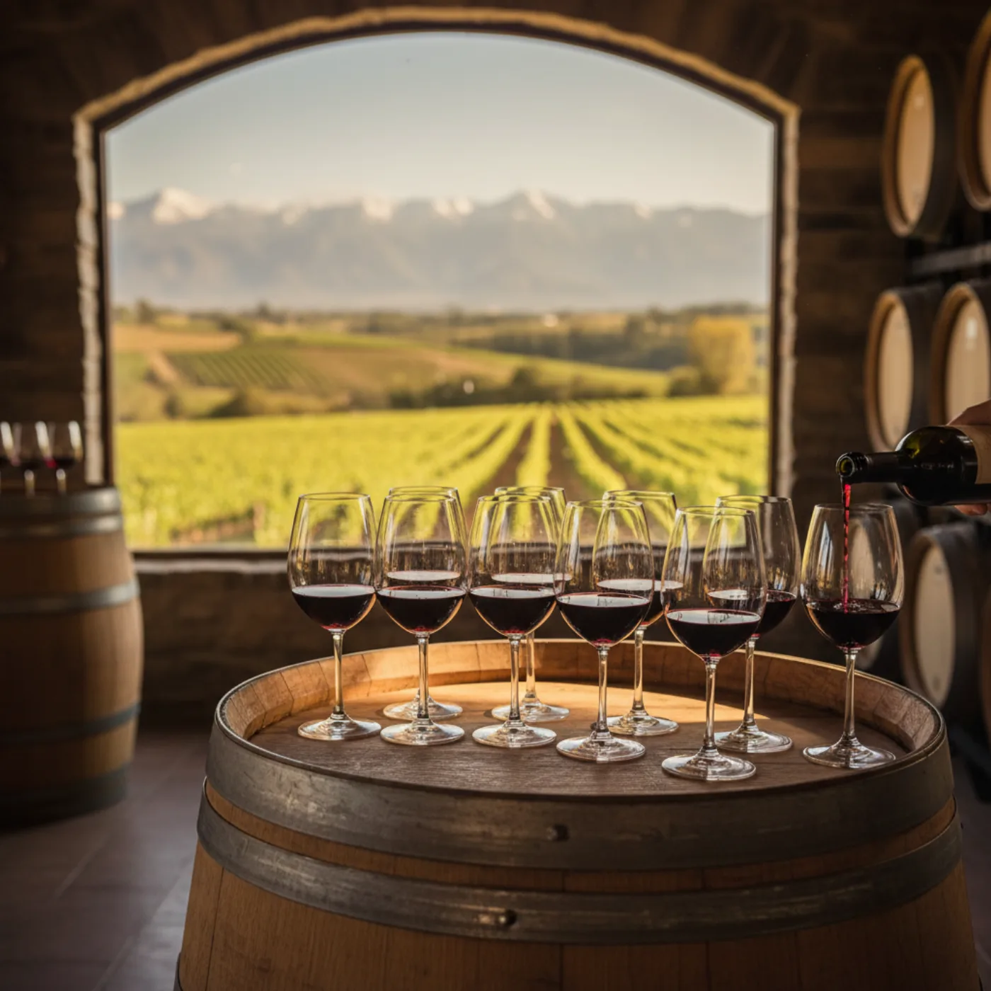 Дегустация красных вин на бочке — вид на виноградники через арку погреба