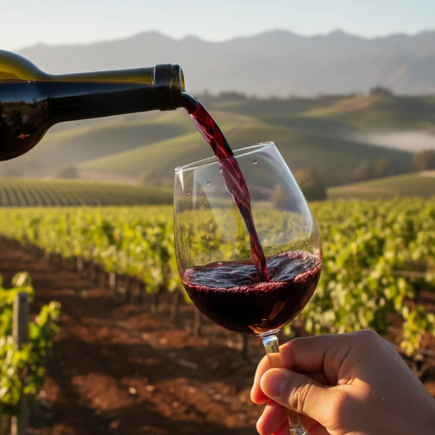 Мальбек наливается в бокал на фоне виноградников Мендосы