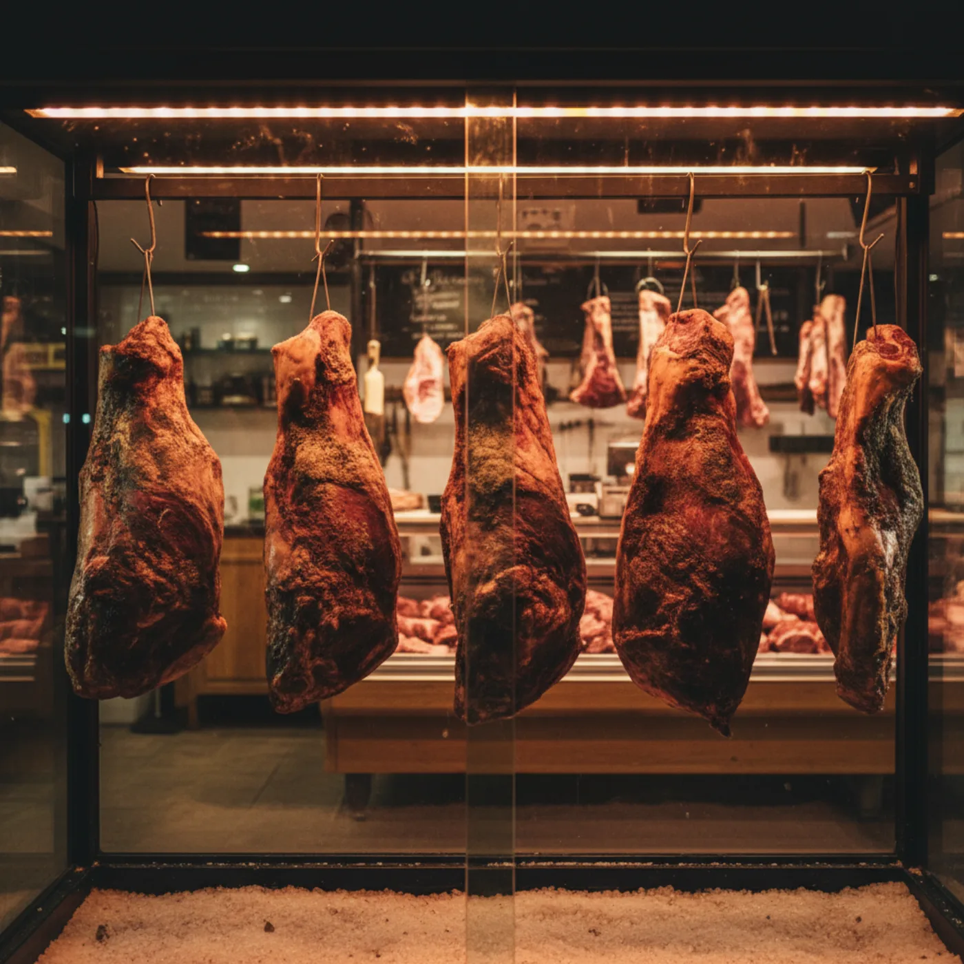 Камера сухой выдержки — стейки на крюках за стеклом