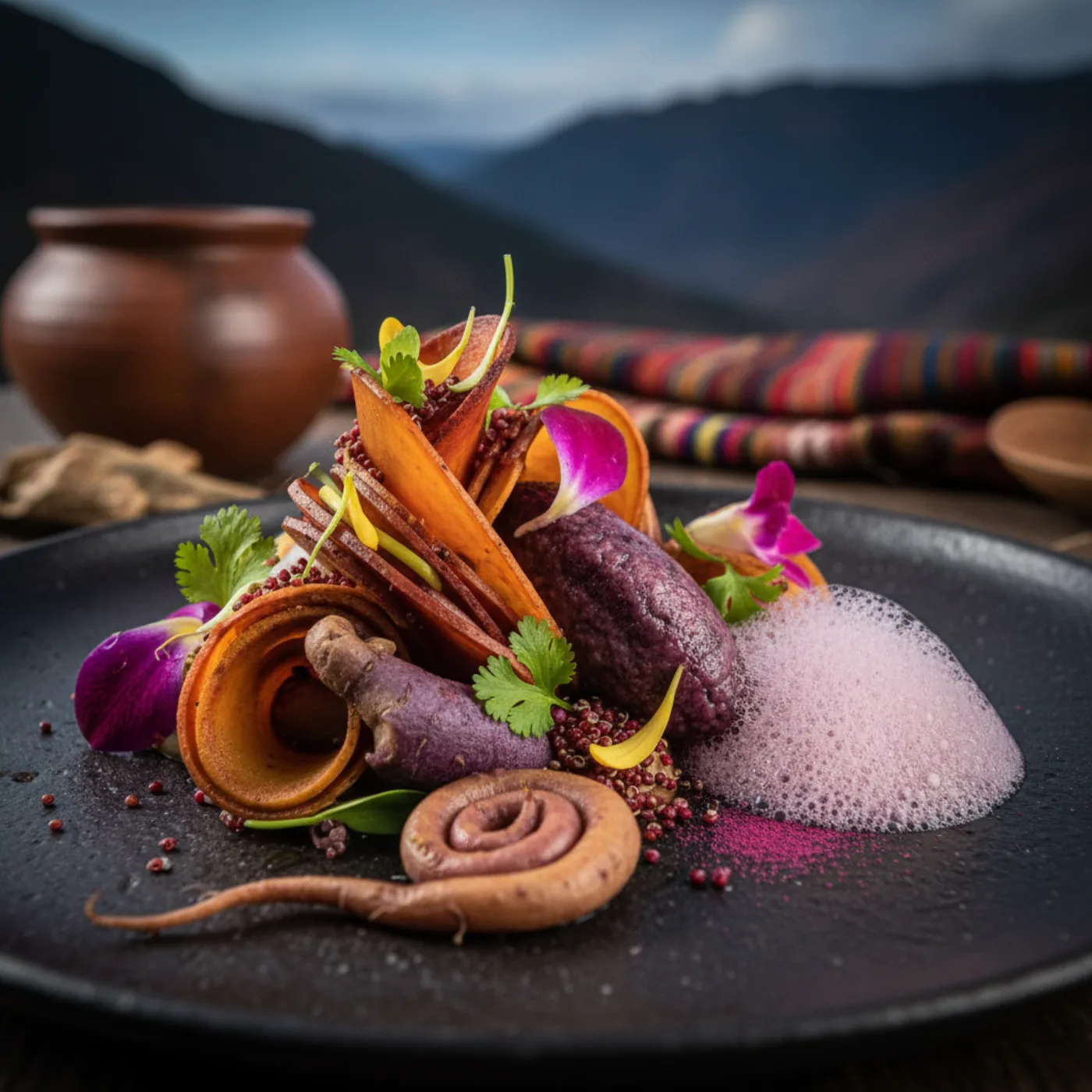 Блюдо высотной кухни Central — фиолетовый картофель, коренья, цветы и пена на фоне Анд