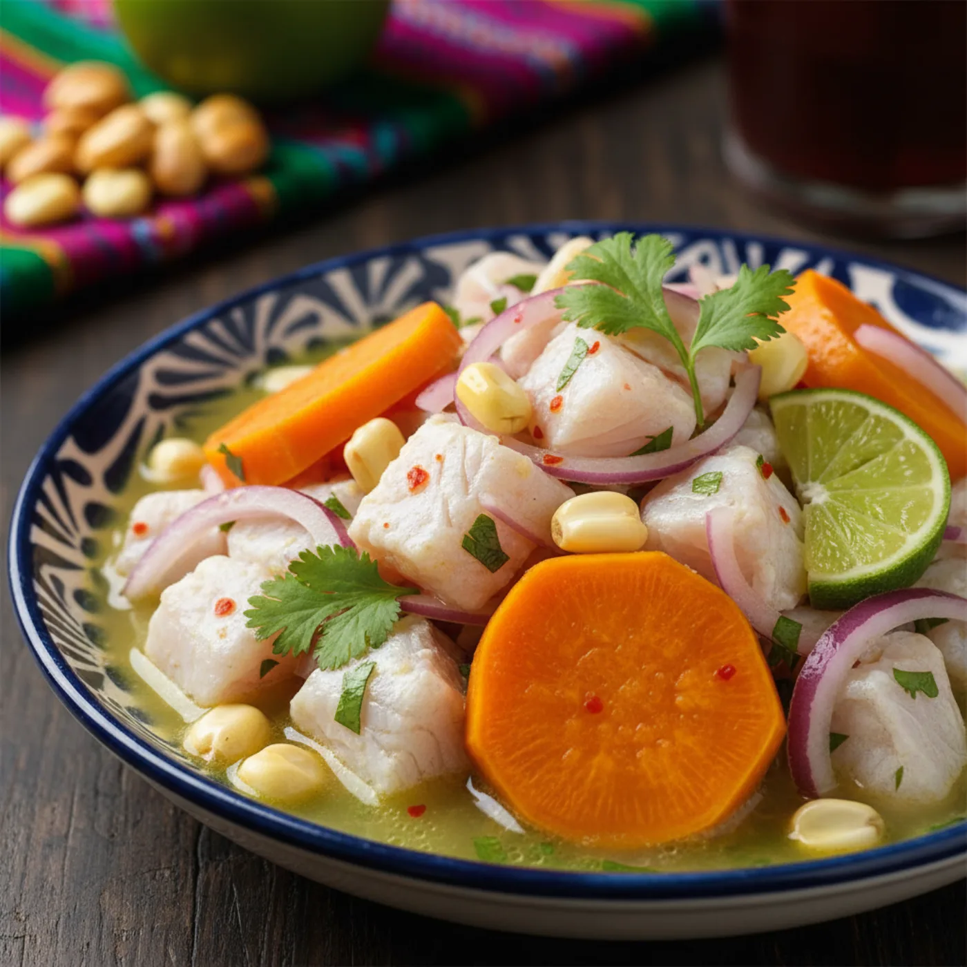 Перуанское севиче — белая рыба в лаймовом соке с красным луком, кукурузой и бататом