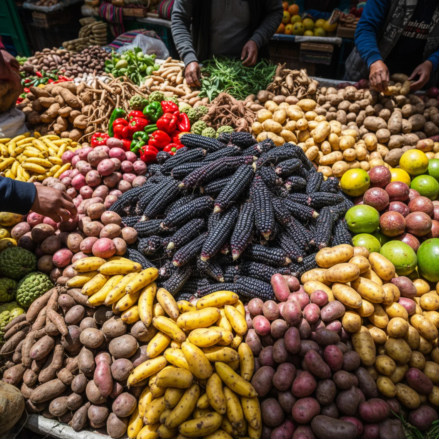 Перуанский рынок — десятки сортов картофеля, чёрная кукуруза, корнеплоды