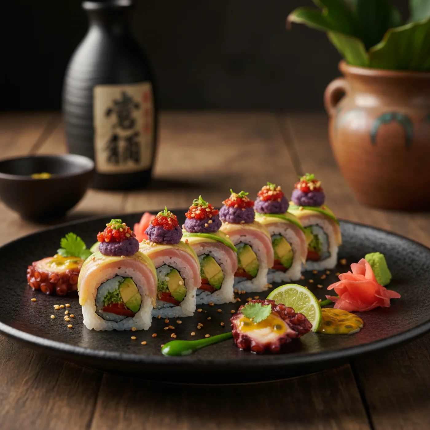 Никкей-кухня Maido — роллы с тунцом, авокадо, фиолетовым картофелем и икрой