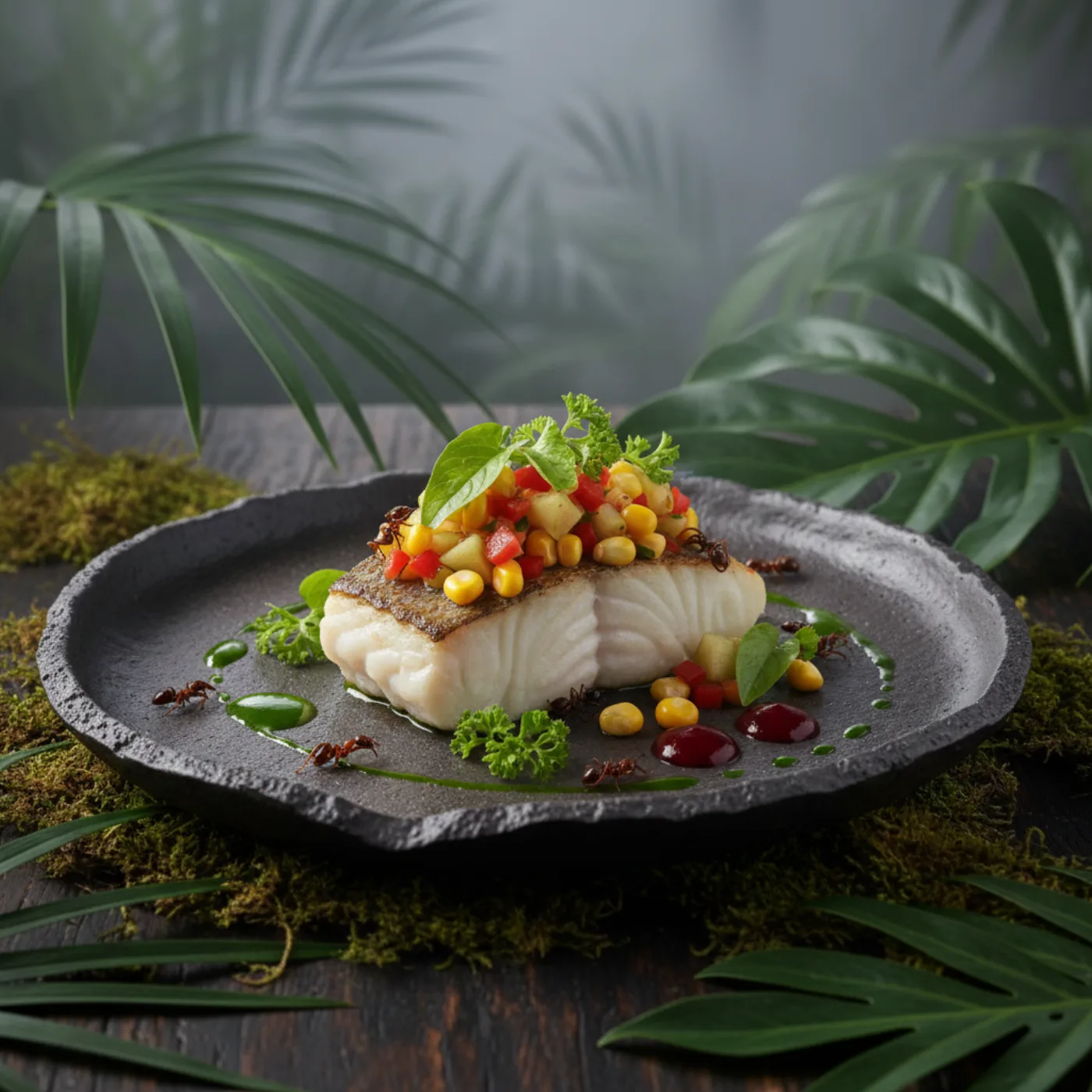 Блюдо Léo — рыба с кукурузой и муравьями на каменной тарелке среди тропических листьев