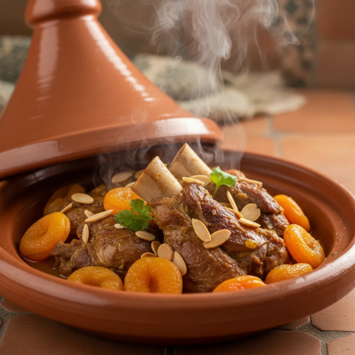 Марокканский тажин — ягнёнок с курагой и миндалём, пар поднимается над глиняным горшком