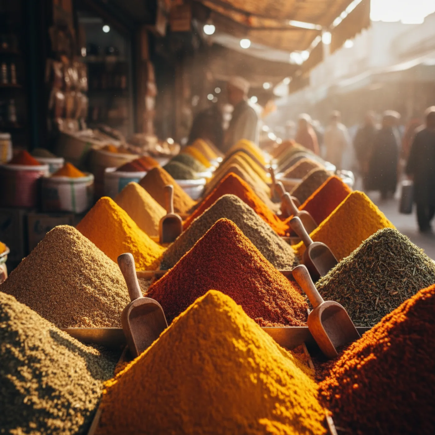 Пирамиды специй на марокканском рынке — куркума, паприка, кумин в золотом свете