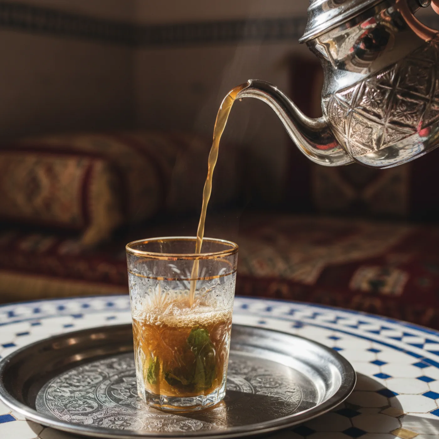Марокканский мятный чай — серебряный чайник, стекло с золотым ободком, зеллидж