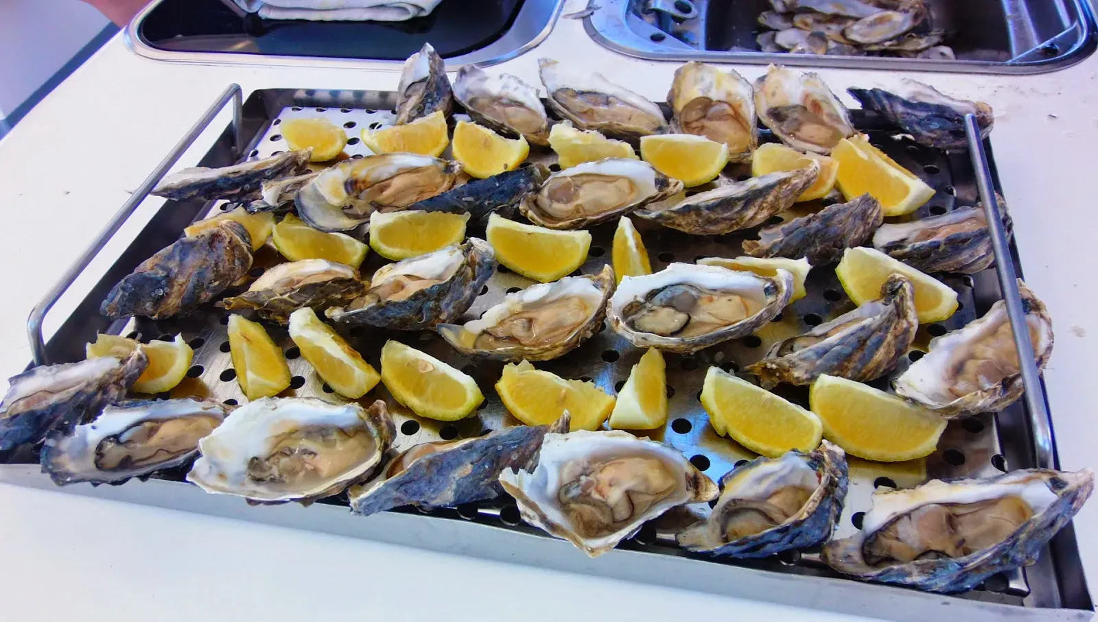 Свежие устрицы с лимоном на подносе