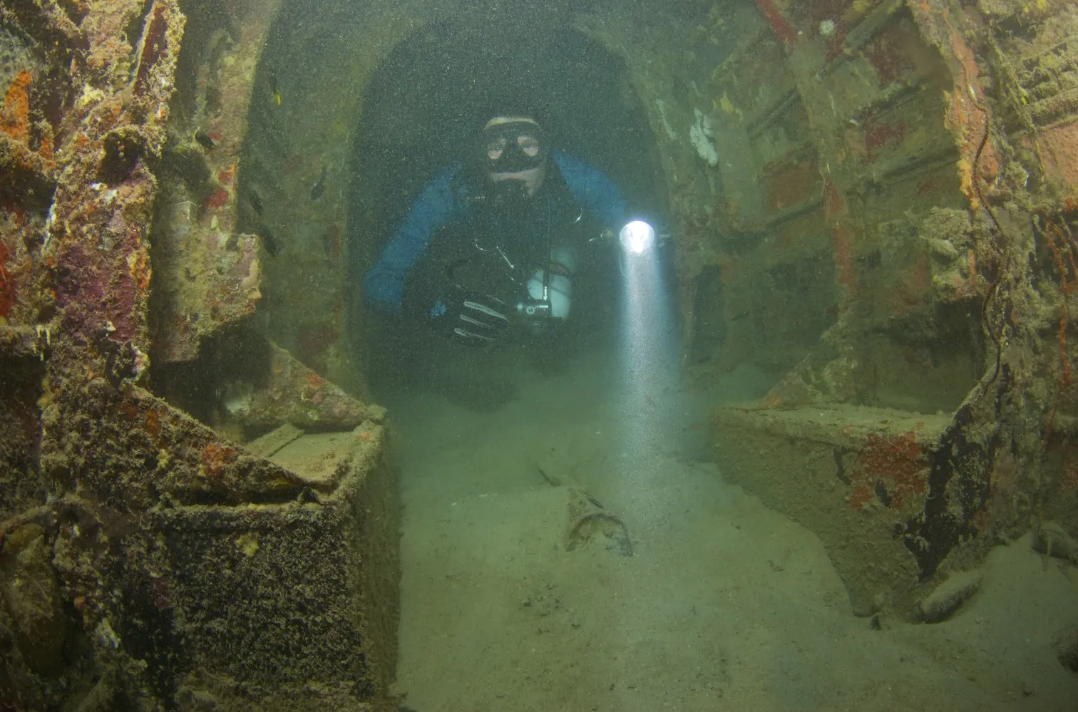 A diver inside a wreck