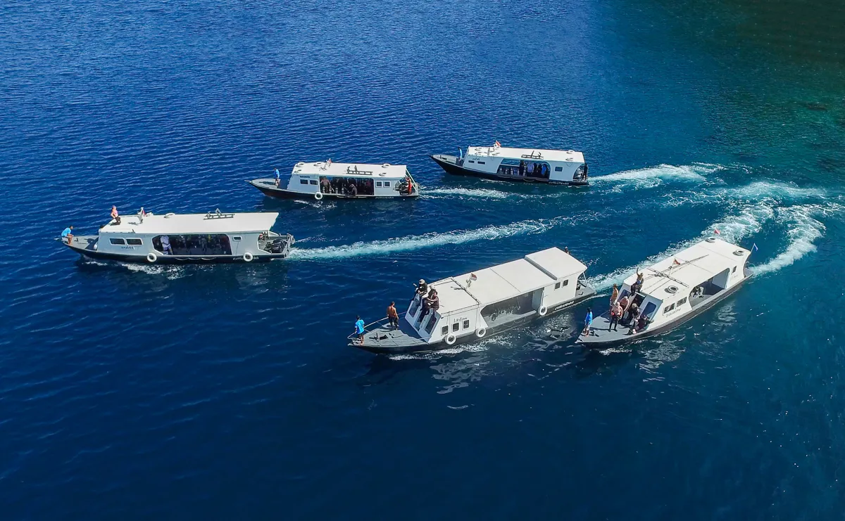 Resort dive boats heading out into the Lembeh Strait