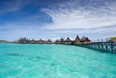 The resort and the shallows from the shore