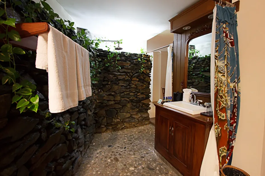 Deluxe Ocean View — the island-rock shower with vines