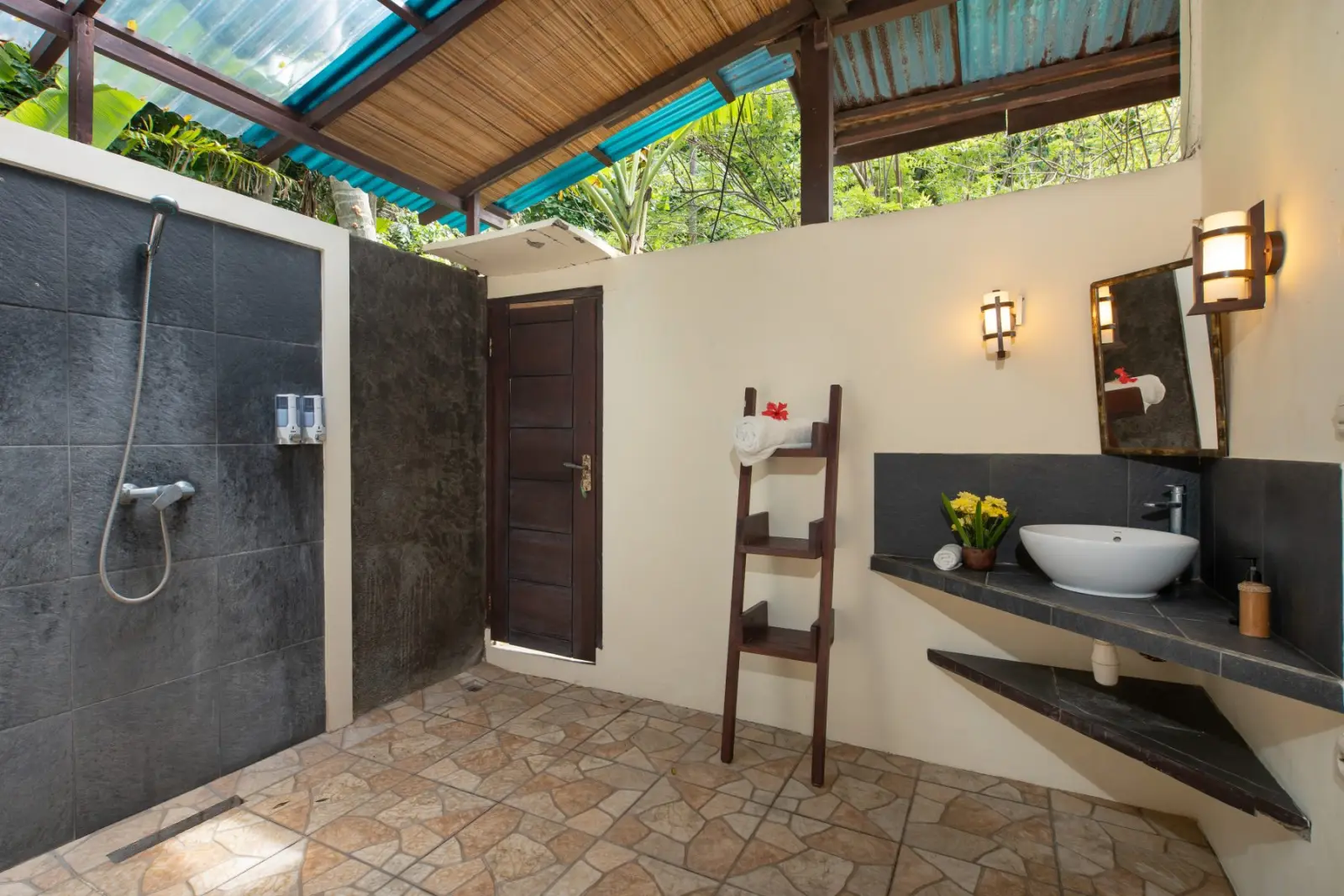 Bathroom with an open-air shower