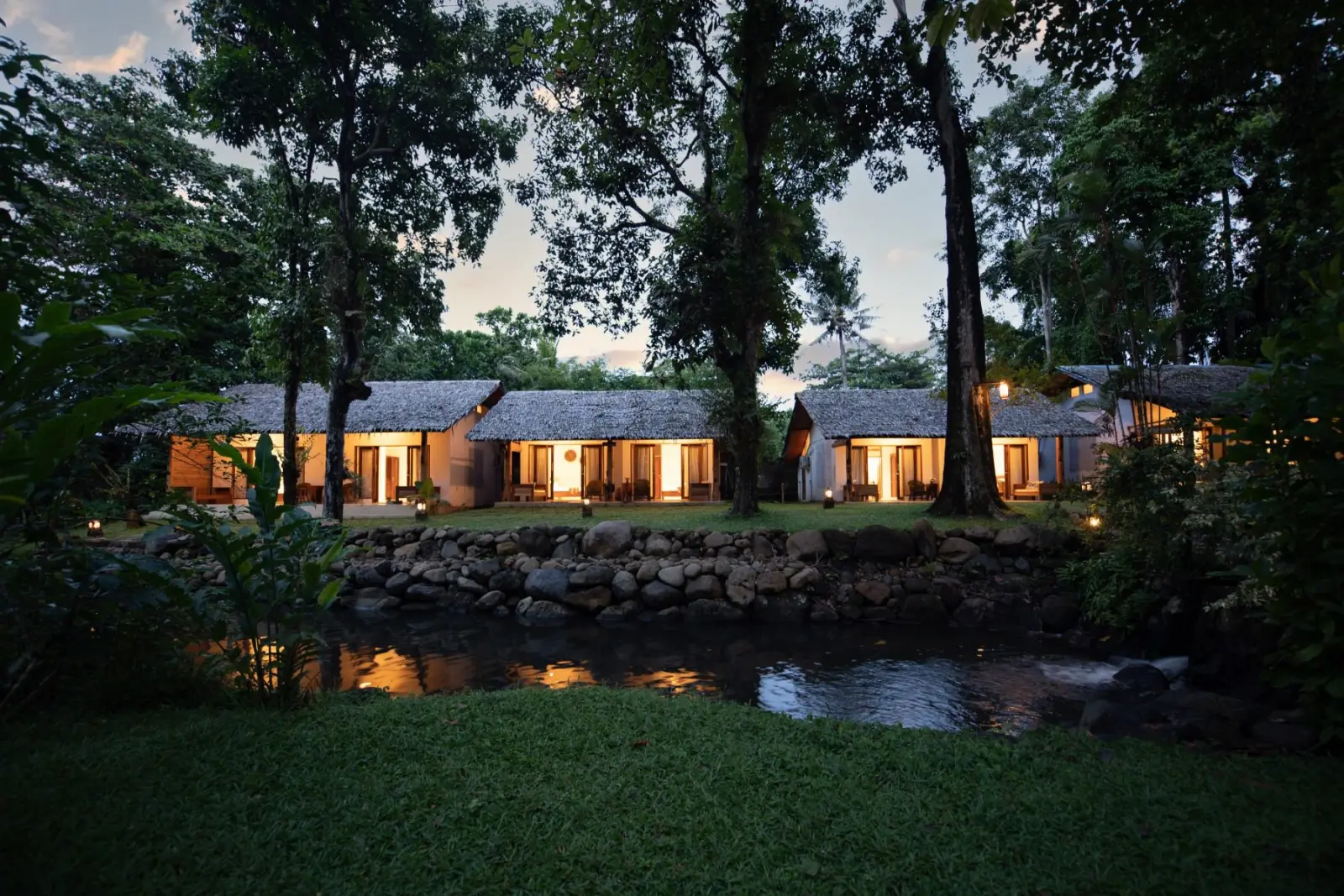 Cottages by the pond in the evening