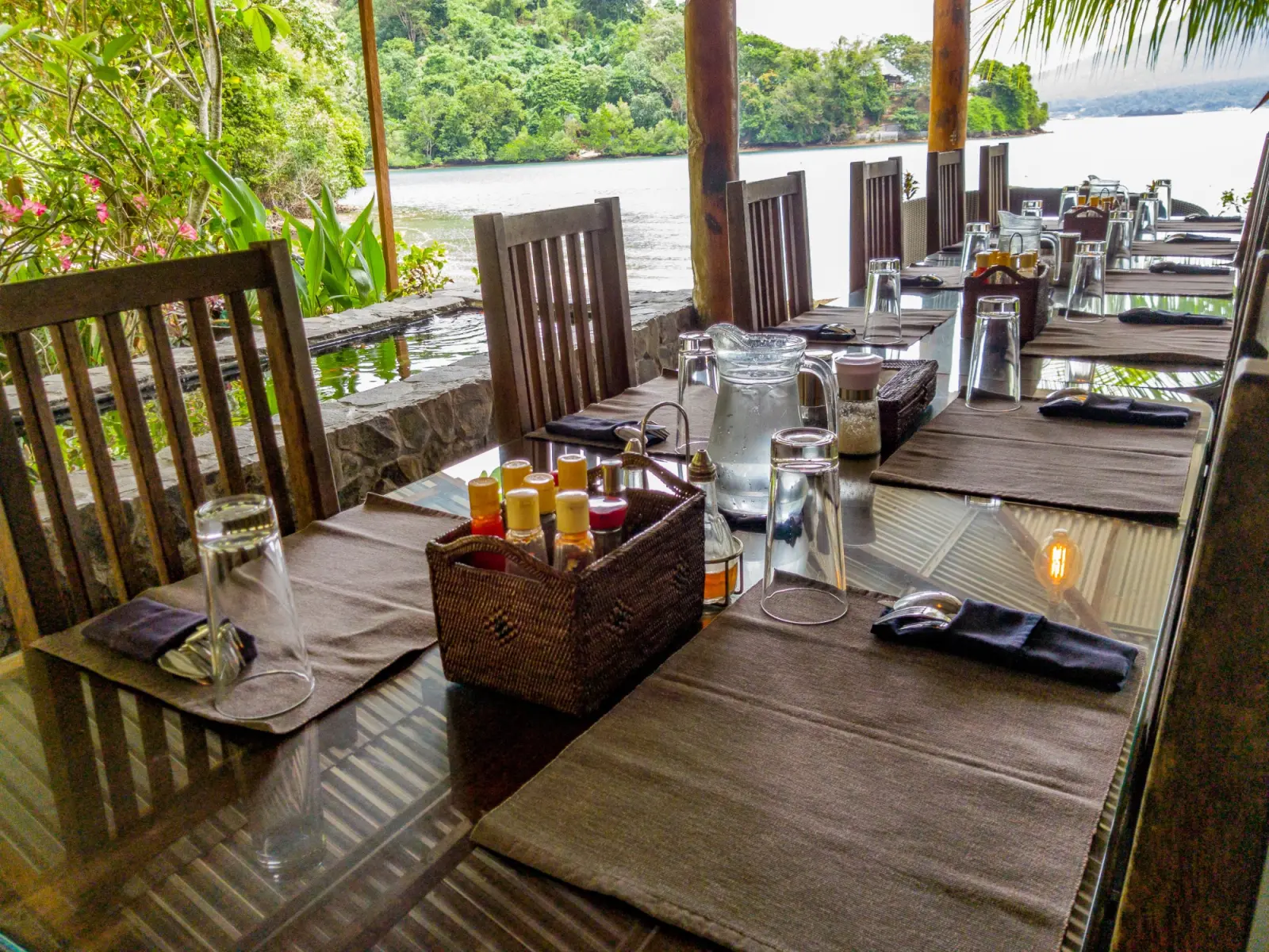 The communal table in the open-air restaurant