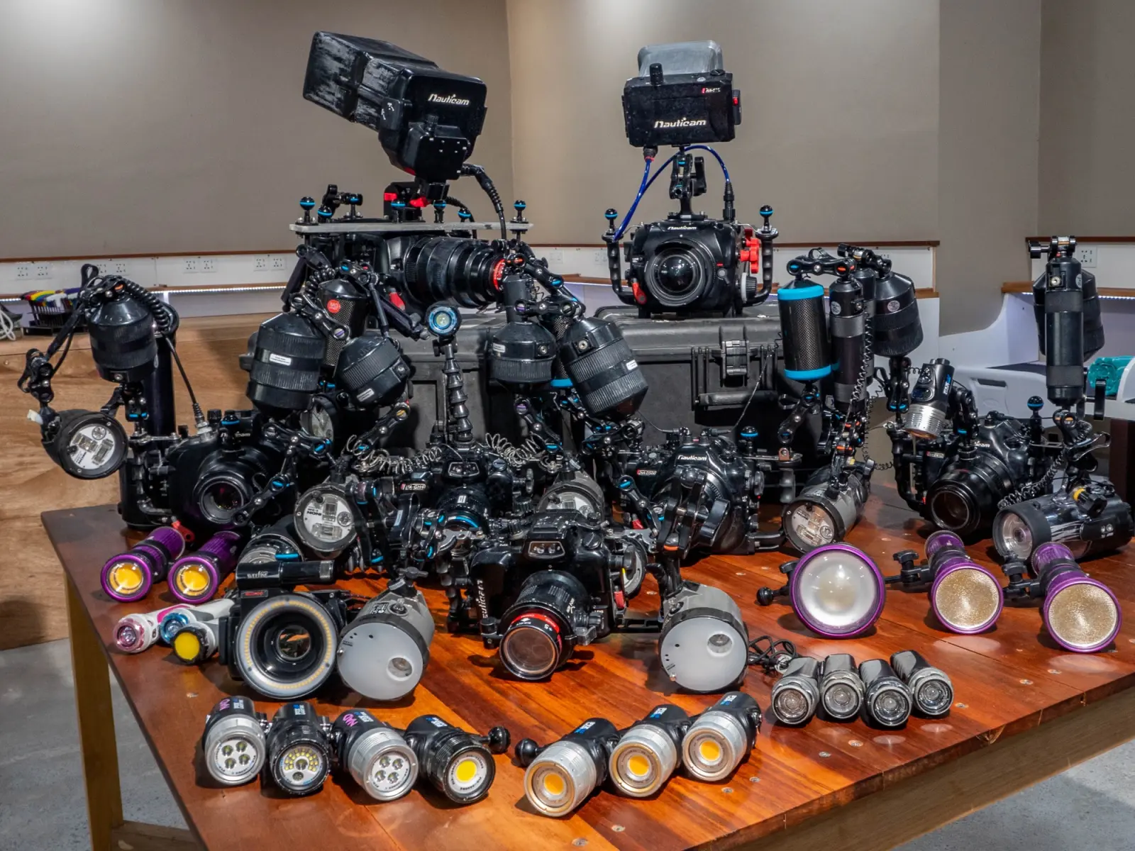 Underwater housings and strobes on the table