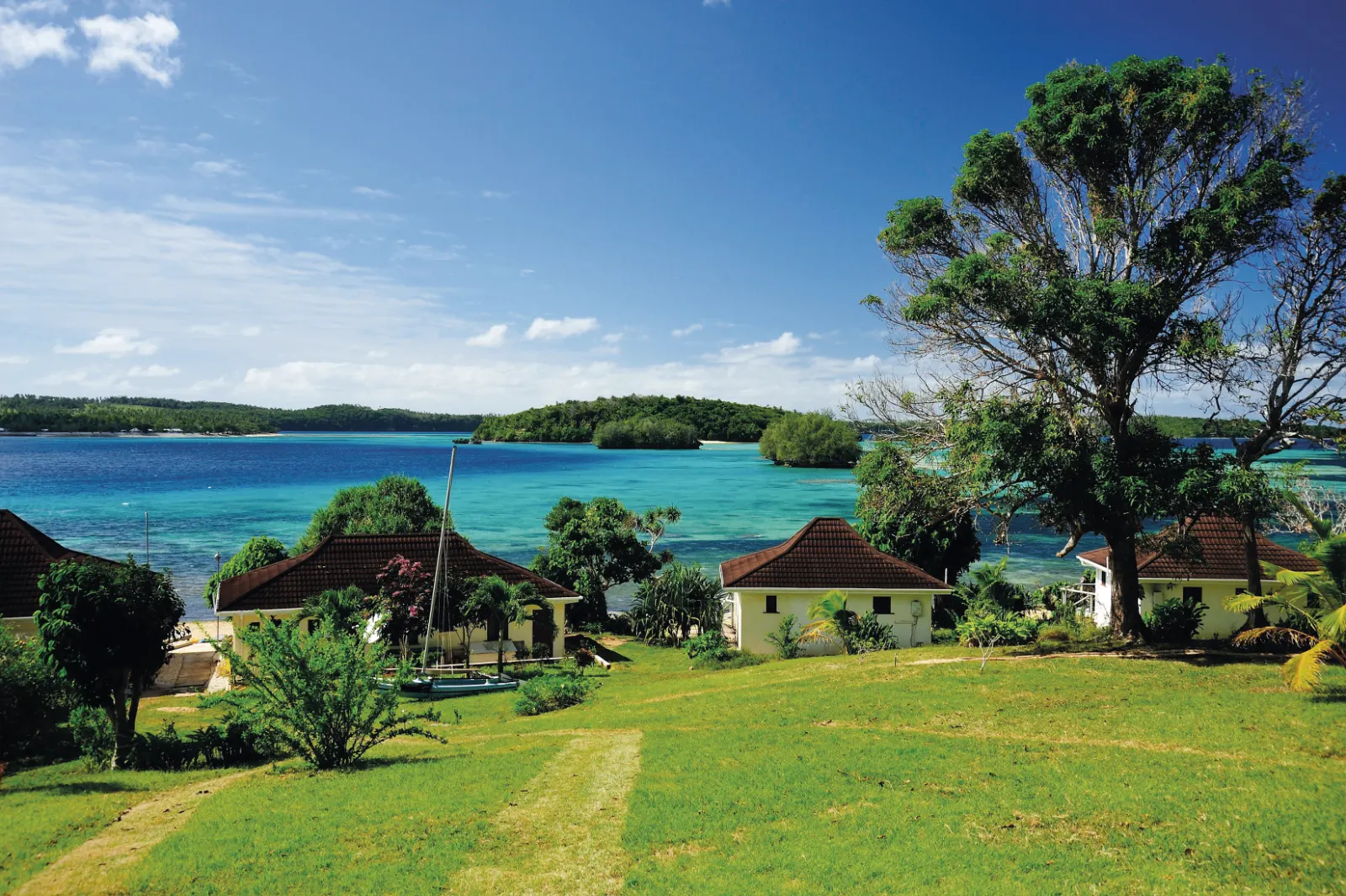 The resort lawn and the view across the archipelago