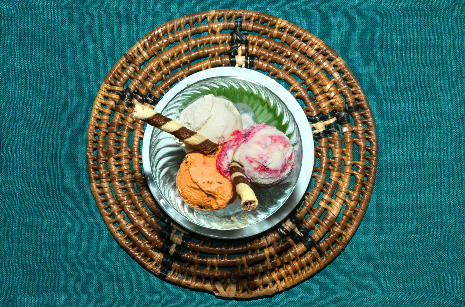 Dessert on a woven mat