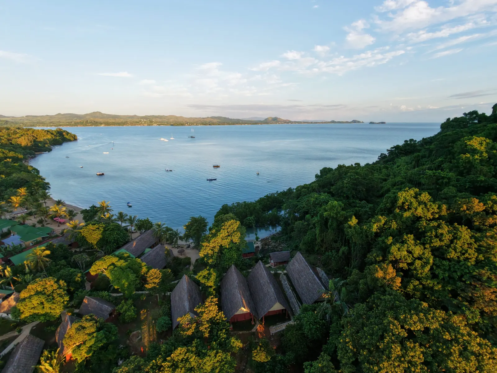 The bay and the lodge from above