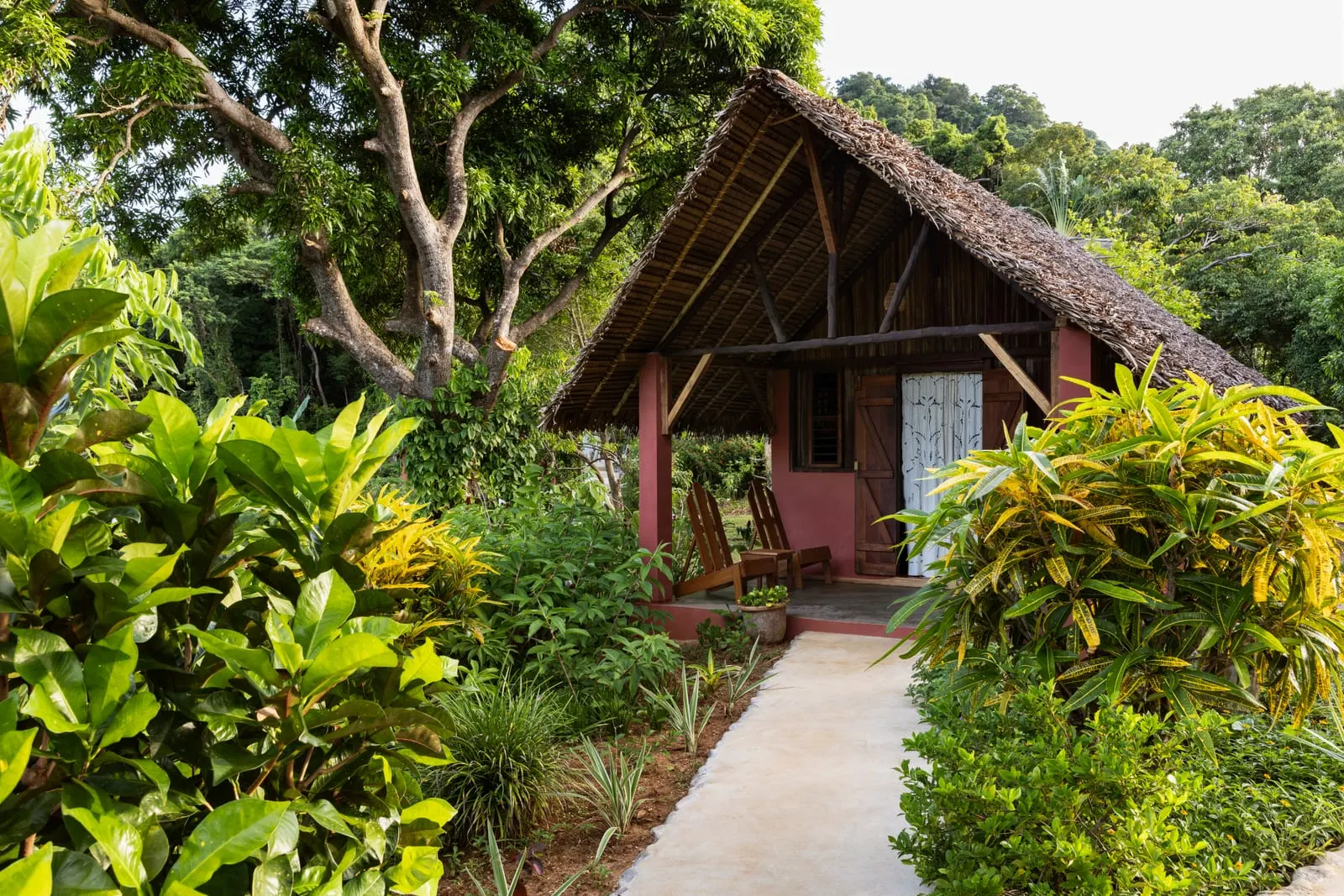 A bungalow in tropical greenery